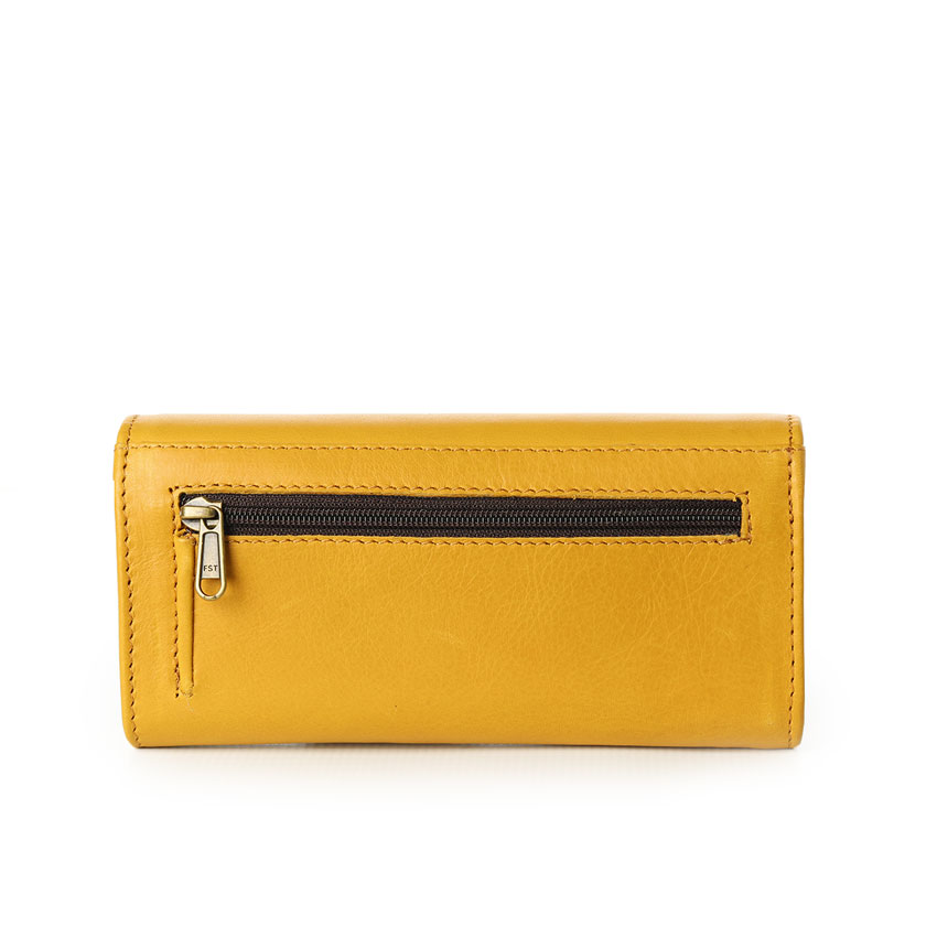 Ladies Leather Tri-fold Wallet - Mustard Yellow