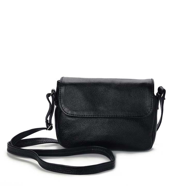 Flap Over Sling Bag - black leather