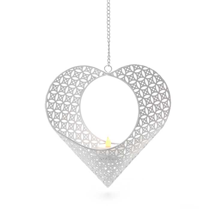 Hanging Metal Lace Heart Holder | with LED tea light candle