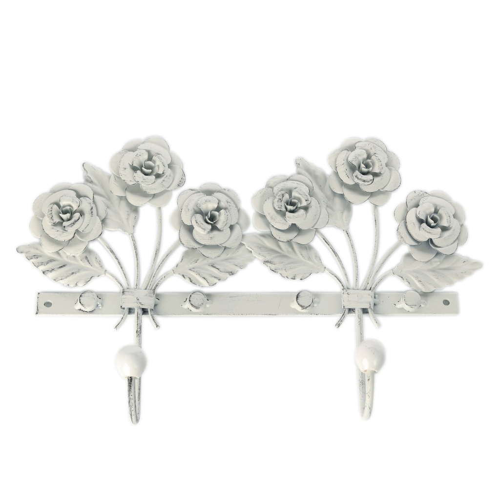 Metal 3D Rose Double Wall Hook (36cm) - white