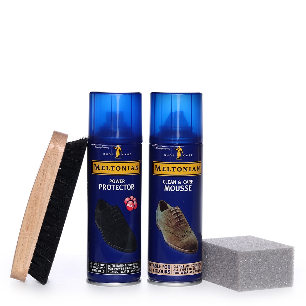 Meltonian All Leathers & Suede Shoe Care Kit | Mousse, Protector, Brush & Sponge