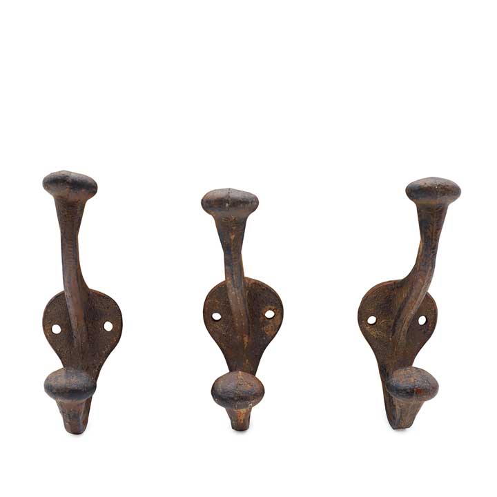 Brown Cast Iron Double Wall Hook (set of 3)