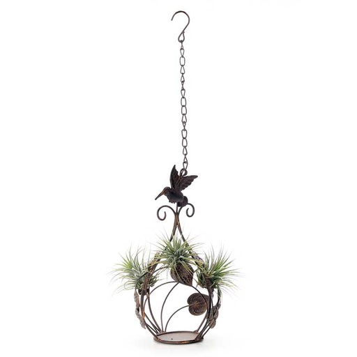 [air-com-han-lea-hold-rub] Bird Nest Hanging Metal Candle Holder | with trio of Air Plants