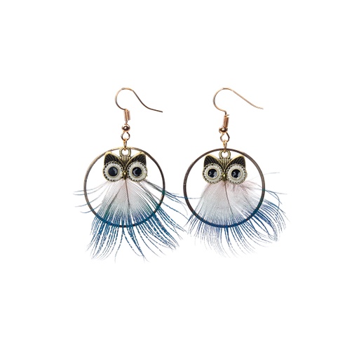 [ear-owl-gol-blu] Owl  Hoop Earrings - blue 